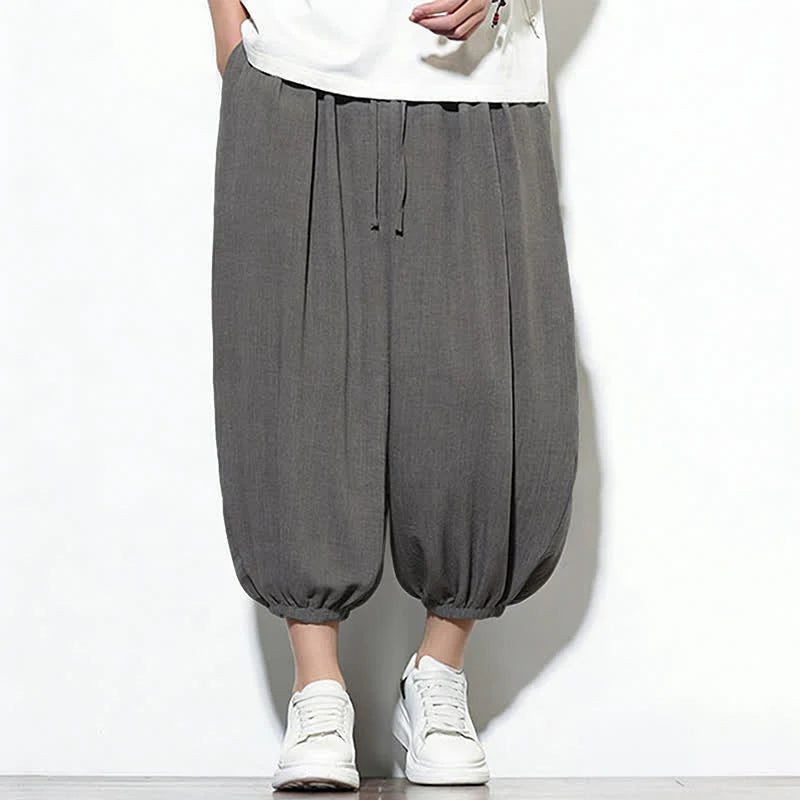 Buddha Stones Spring Solid Color Drawstring Elastic Design Men's Harem Capri Pants