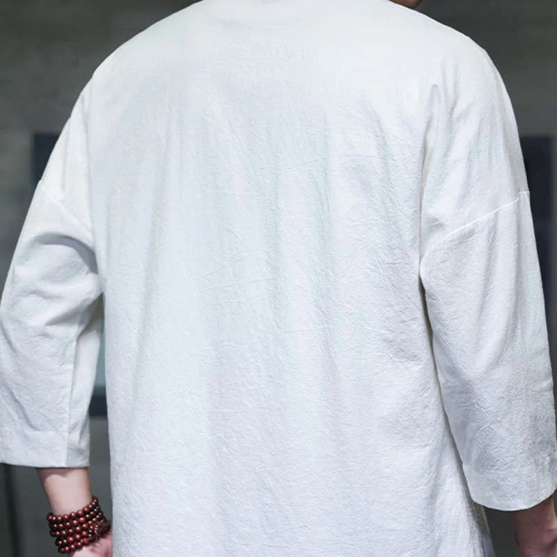 Buddha Stones Embroidery Men's  Chinese Frog-Button Three Quarter Sleeve Shirt Clothing