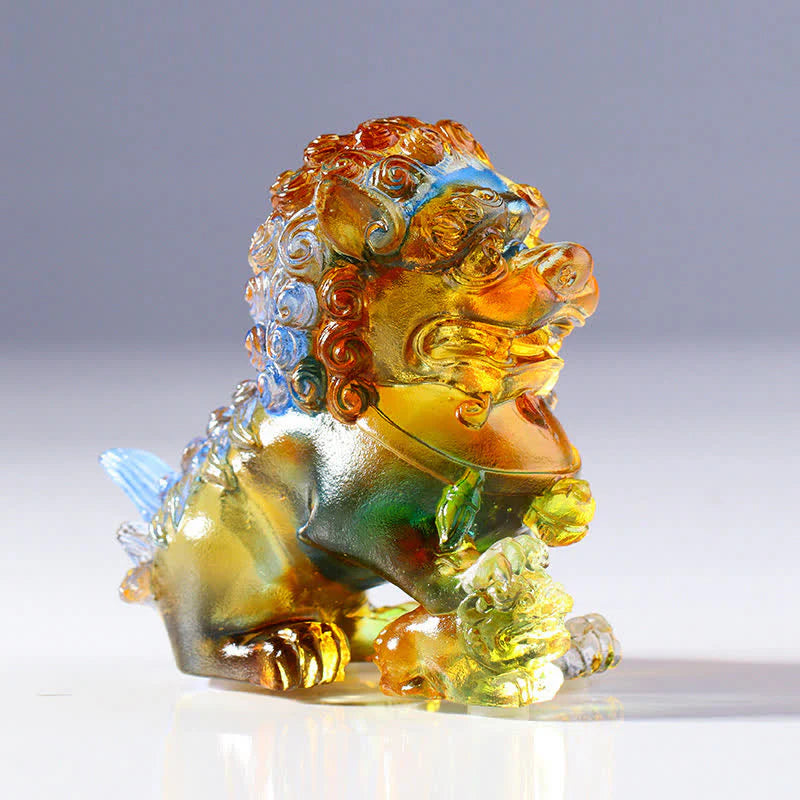 Buddha Stones Handmade Liuli Crystal Lion Art Piece Strength Home Office Decoration
