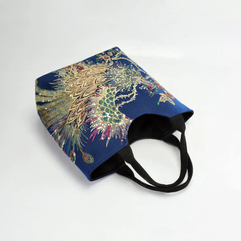 Buddha Stones Peacock Double-sided Embroidery Tote Bag Shoulder Bag Crossbody Bag