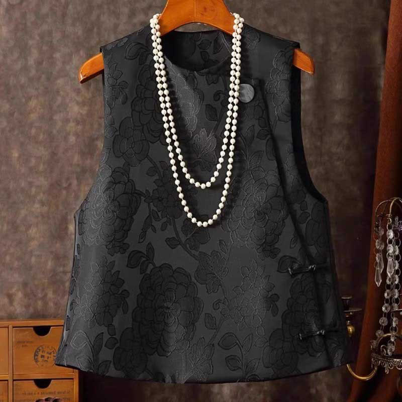 Buddha Stones Black Peony Flowers Frog-Button Pattern Cotton Women's Sleeveless Vest Waistcoat