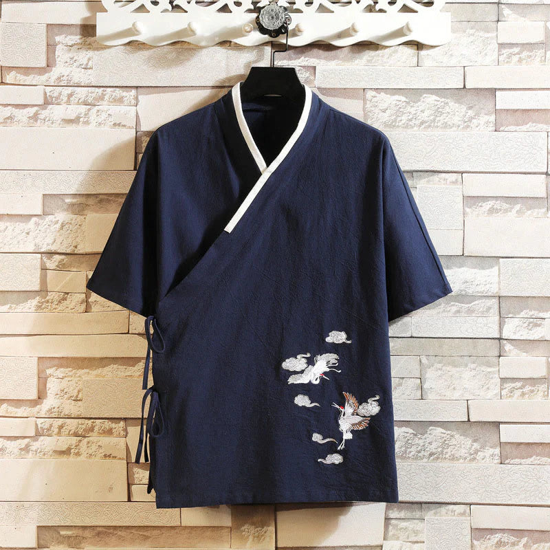 Buddha Stones Embroidered Crane Auspicious Cloud Pattern Open Front Short Sleeve Jacket Men's Cotton Kimono
