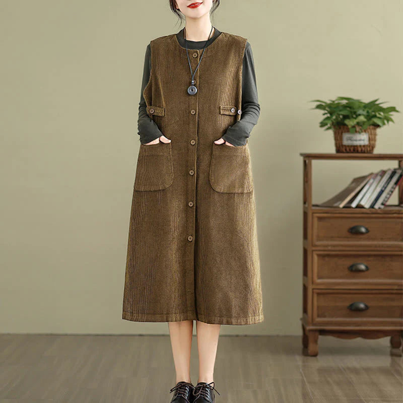 Buddha Stones Pure Colo Buttons Sleeveless Midi Dress With Pockets