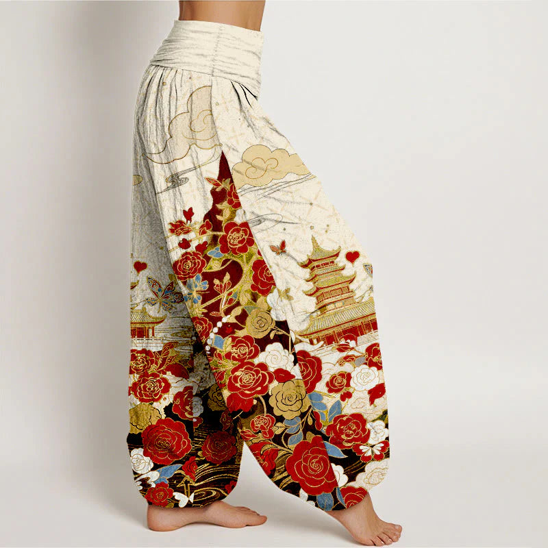 Buddha Stones Cotton Butterfly Rose Pagoda Heart Pattern Women's Elastic Waist Harem Pants