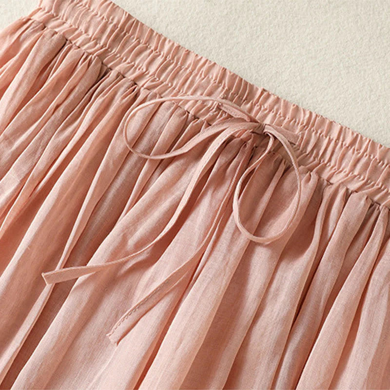 Buddha Stones Summer Plain Drawstring Lace Patchwork Design Women's Cotton Linen 7-8 Length Skirt