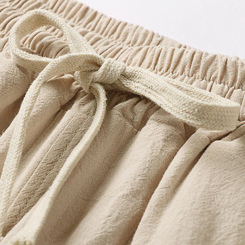Buddha Stones Plain Drawstring Design Men's Capri Cropped Cotton Linen Wide Leg Pants With Pockets