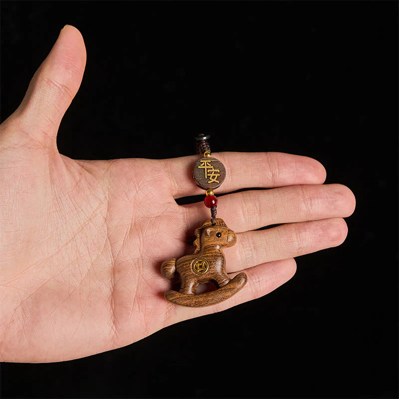 Buddha Stones Year of the Horse Rainbow Eucalyptus Small Leaf Red Sandalwood Linden Wood Ebony Carved Positive Key Chain