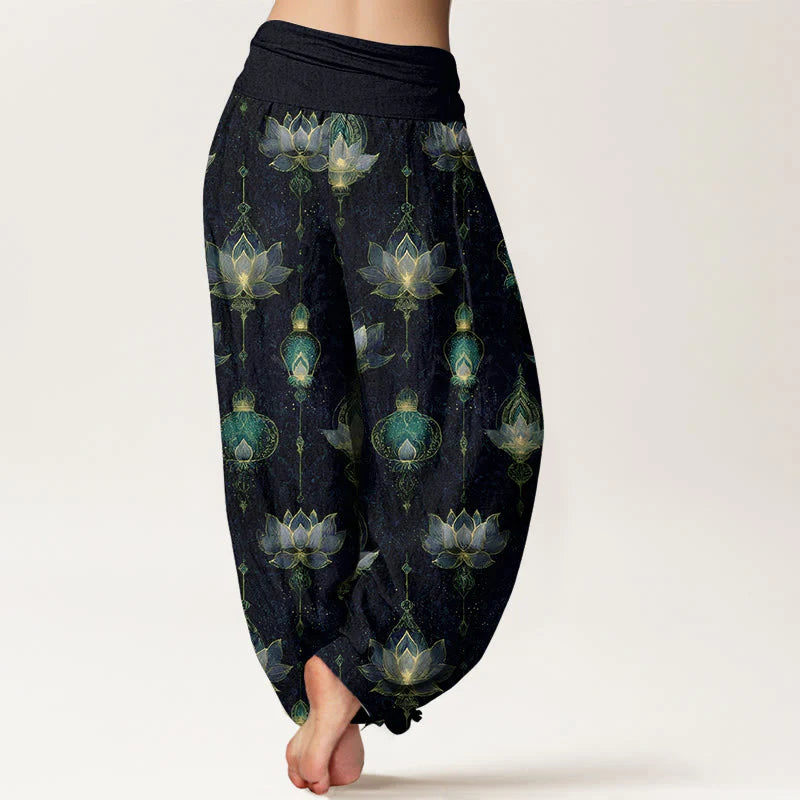Buddha Stones Cotton Gorgeous Lotus Lantern Pattern Women's Elastic Waist Harem Pants