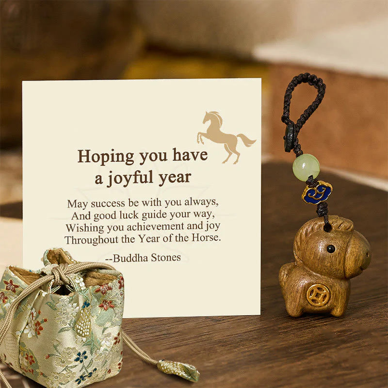 Buddha Stones Hoping You Have a Joyful Year Year of the Horse Rainbow Eucalyptus Small Leaf Red Sandalwood Key Chain Includes Gift Message Card