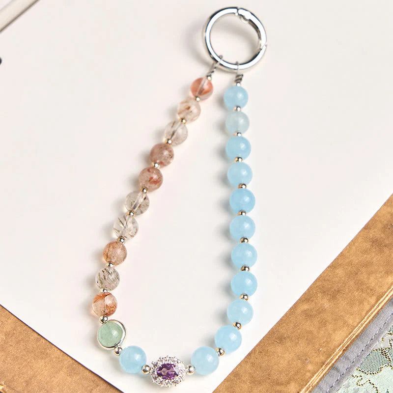 Buddha Stones 8mm Blue Chalcedony Super Seven Crystal Energy Key Chain Phone Hanging Decoration