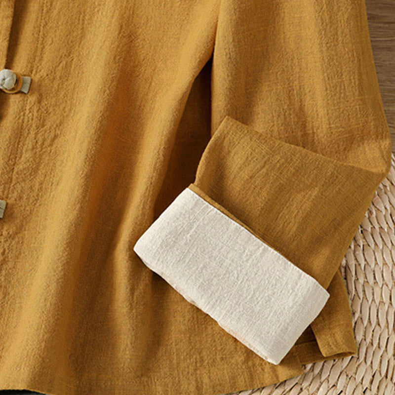 Buddha Stones Color Contrast Design Chinese Frog-Button Long Sleeve Women's Linen Shirt