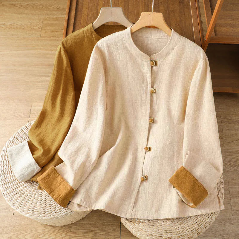 Buddha Stones Color Contrast Design Chinese Frog-Button Long Sleeve Women's Linen Shirt