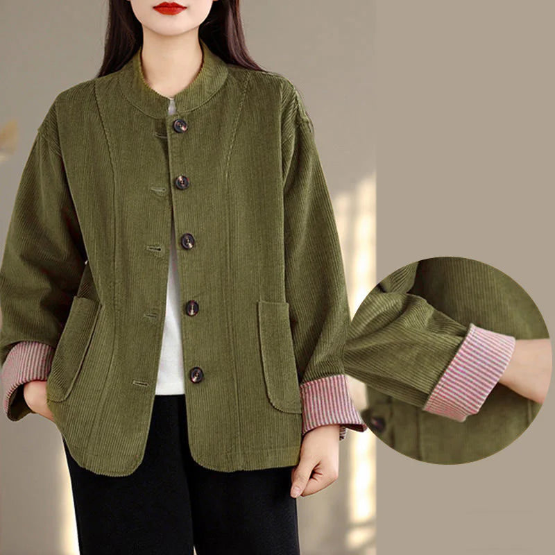 Buddha Stones Buttons Design Corduroy Long Sleeve Women's Jacket With Pockets