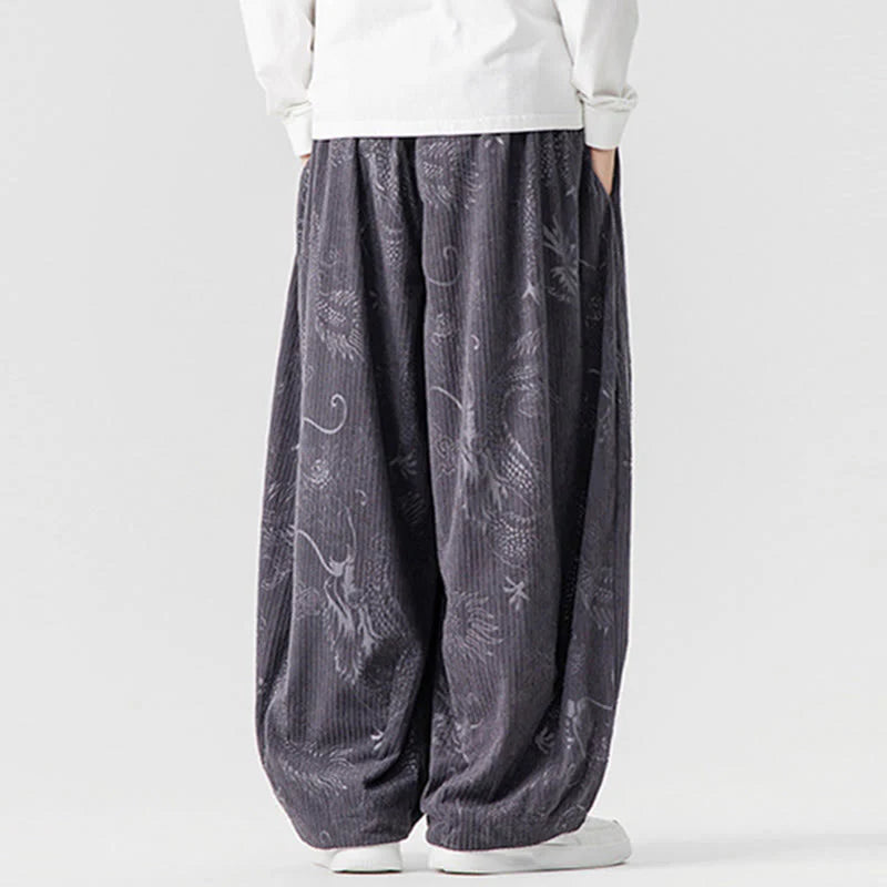 Buddha Stones Winter Dragon Phoenix Pattern Cotton Corduroy Men's Harem Pants With Pockets
