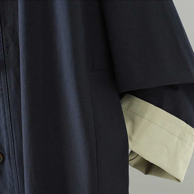 Buddha Stones Fall Lapel Buttons Patchwork Design Women's Cotton Long Sleeve Coat With Pockets