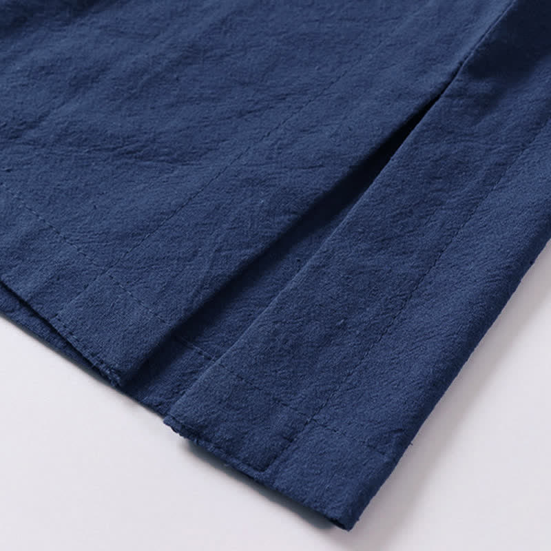 Buddha Stones Solid Color Frog-Button Short Sleeve Notched Collar Men's Cotton Linen T-Shirt