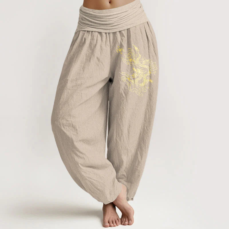 Buddha Stones Golden Dragon Print Pattern Women's Elastic Waist Harem Cotton Pants