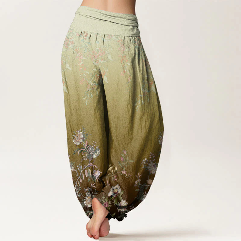 Buddha Stones Cotton Casual Gradient Delicate Floral Leaf Pattern Women's Elastic Waist Harem Pants
