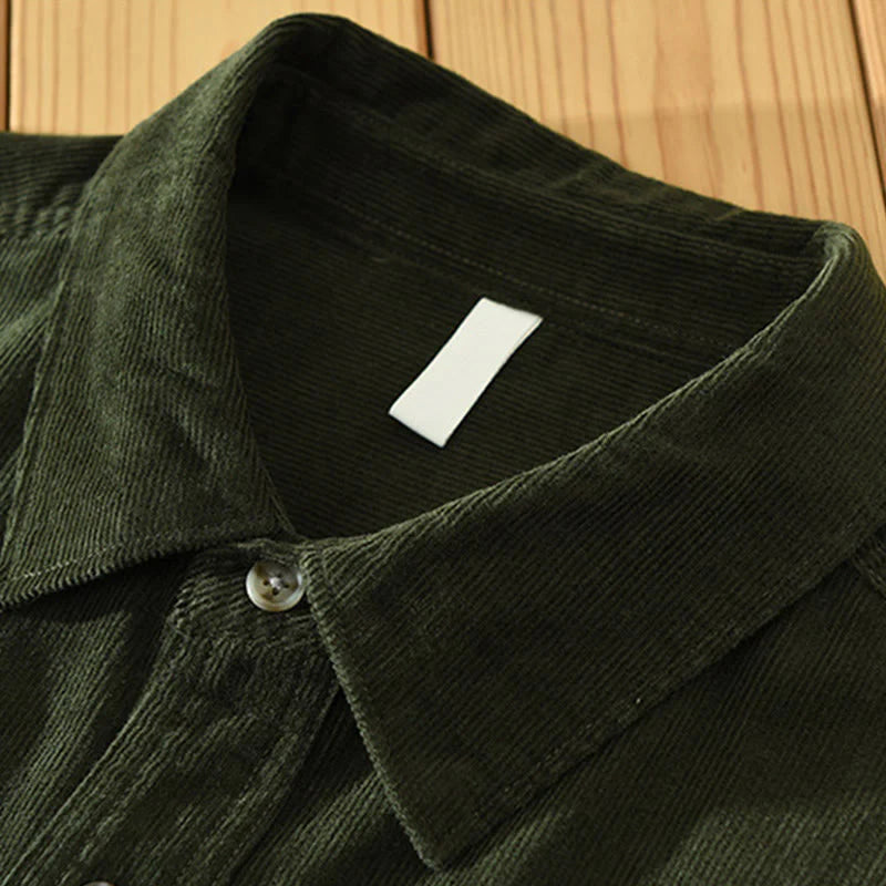 Buddha Stones Fall Decorative Pocket Buttons Down Stand Collar Long Sleeve Men's Cotton Corduroy Shirt