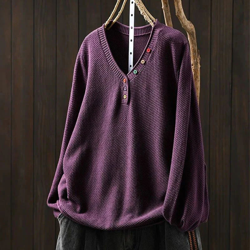 Buddha Stones Fall Colorful Buttons V-Neck Cotton Women's Long Sleeve Knitted Sweater