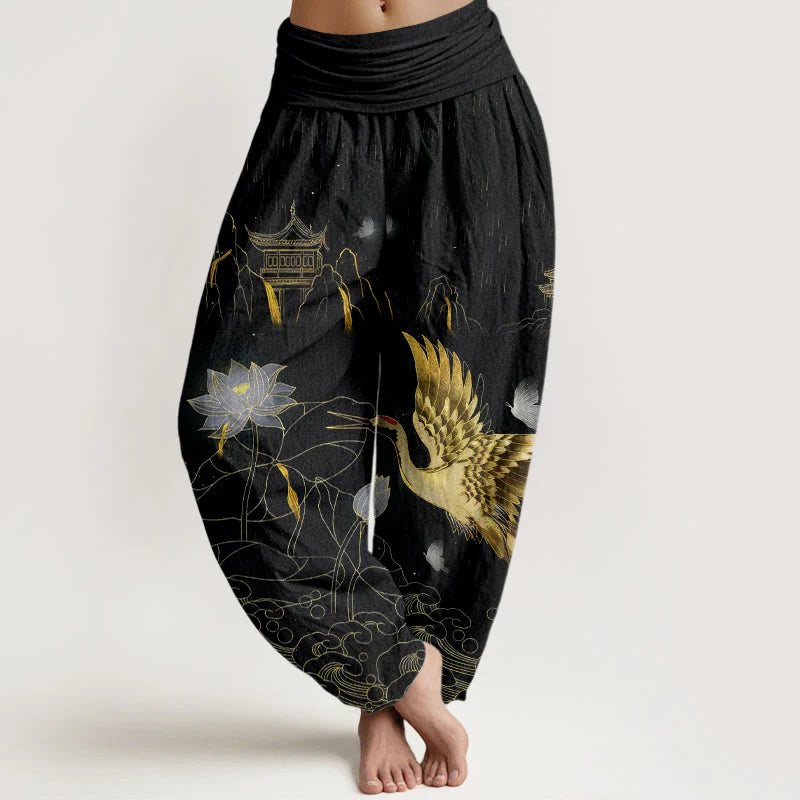 Buddha Stones Cotton Crane Lotus Mountain Pavilion Pattern Women's Elastic Waist Harem Pants