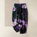 Buddha Stones Pure Cotton Purple Lotus Print Elastic Waist Women's Pants With Pockets
