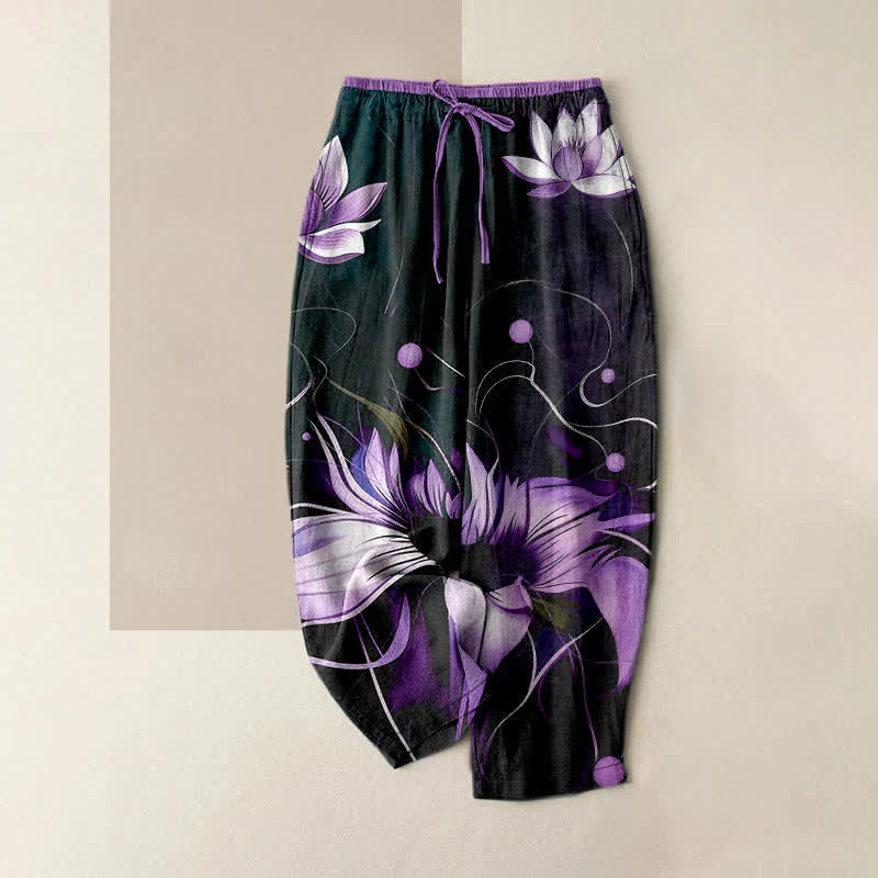 Buddha Stones Pure Cotton Purple Lotus Print Elastic Waist Women's Pants With Pockets