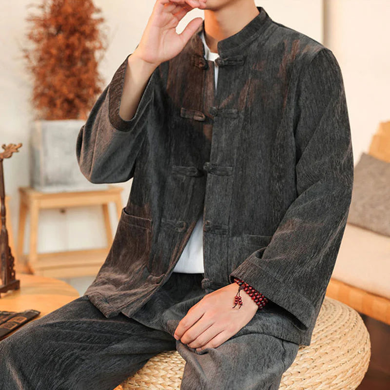 Buddha Stones 2Pcs Winter Thick Men's Tang Suit Frog-Button Cotton Corduroy Long Sleeve Jacket Pants Set With Pockets
