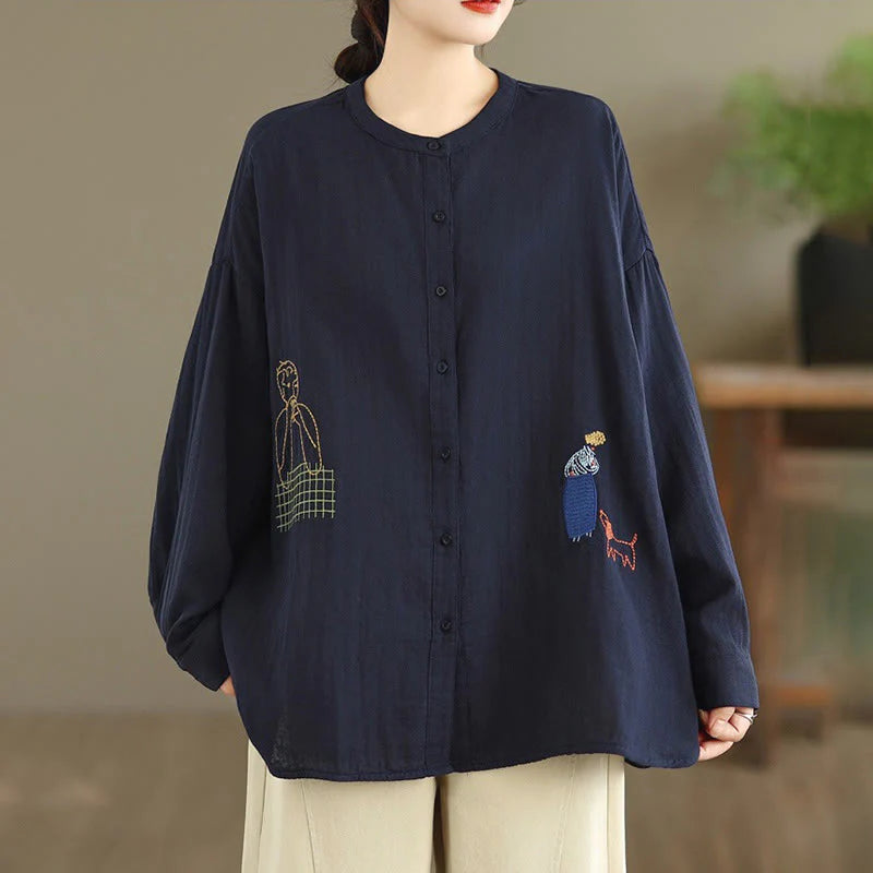 Buddha Stones Fall Embroidery Human Figure Dog Pattern Round Neck Buttons Women's Long Sleeve Shirt
