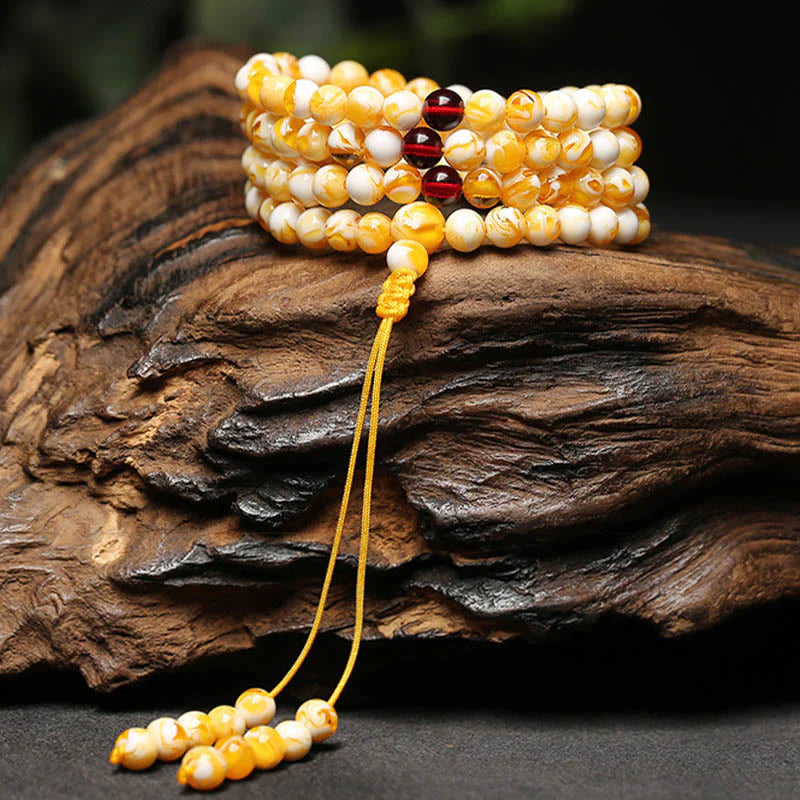 Buddha Stones Tibetan White Yellow 108 Beads Amber Mala