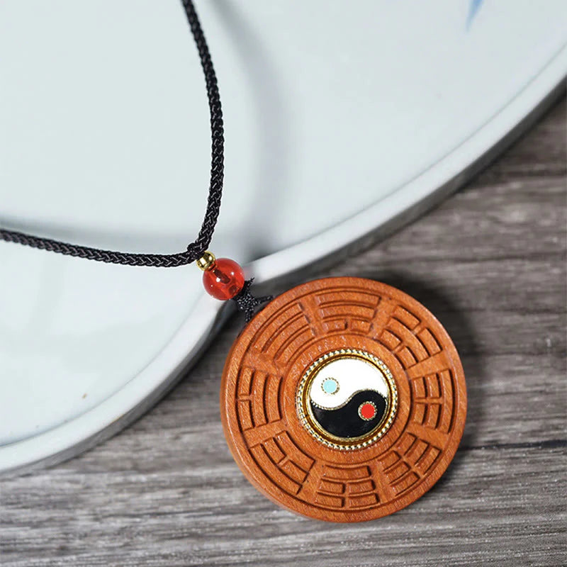 Buddha Stones Lightning Struck Jujube Wood Yin Yang Bagua Luck Necklace Pendant