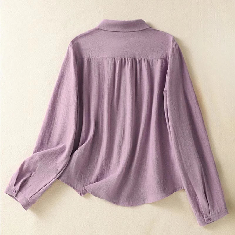 Buddha Stones Women's Spring Retro Plain Simple Embroidery Design Long Sleeve Cotton Shirt With Pocket