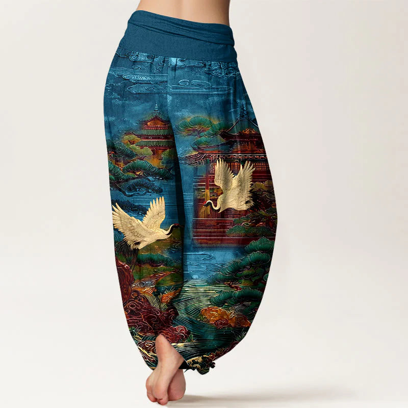 Buddha Stones Cotton Exquisite Crane Architecture Pine Tree Cloud Pattern Women's Elastic Waist Harem Pants