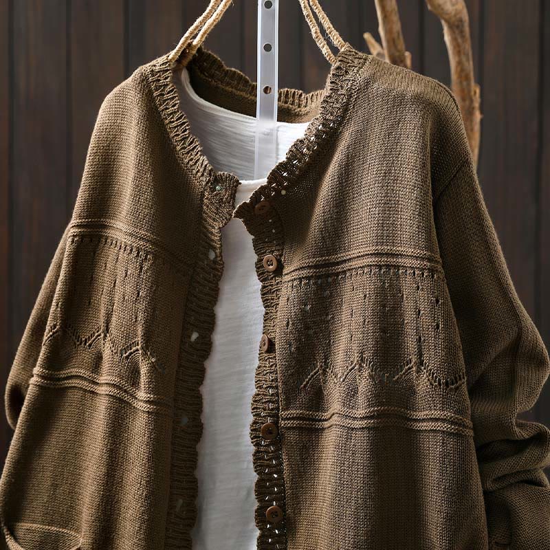 Buddha Stones Fall Lace Buttons Cotton Women's Long Sleeve Knitted Cardigan Sweater With Pockets