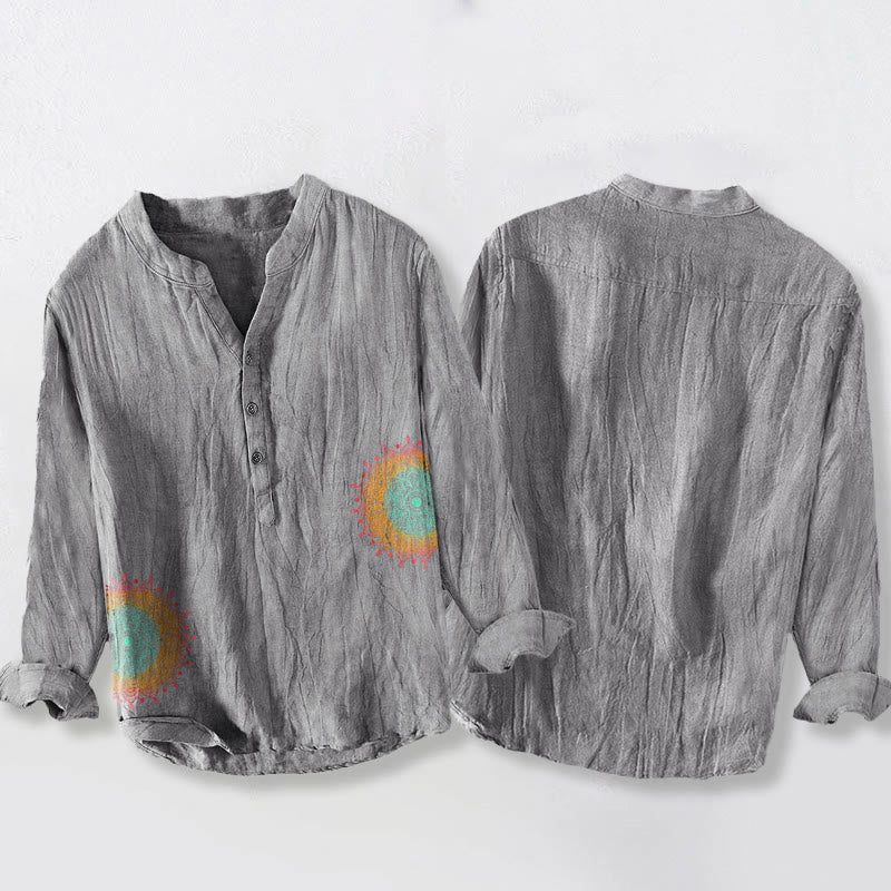 Buddha Stones Colorful Mandala Pattern Half Buttons Men's Cotton Linen Long Sleeve Shirt
