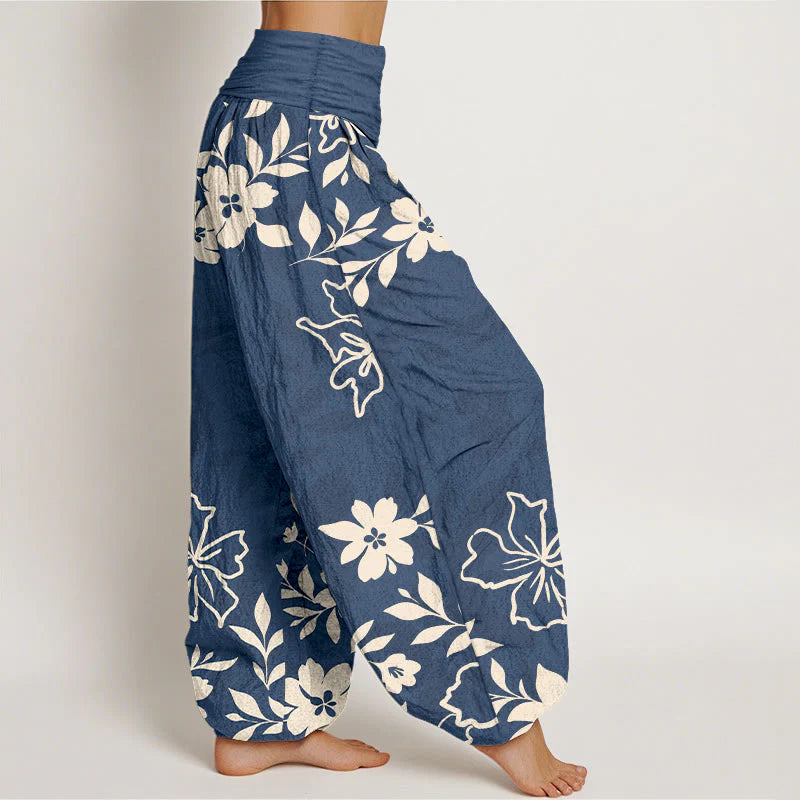 Buddha Stones Cotton Retro Simple Flowers Leaves Pattern Women's Elastic Waist Harem Pants
