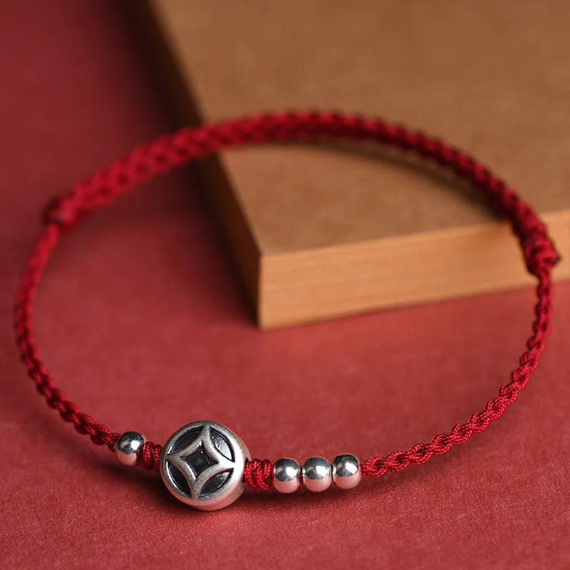 Buddha Stones 999 Sterling Silver Copper Coin Charm Handmade String Strength Bracelet Anklet