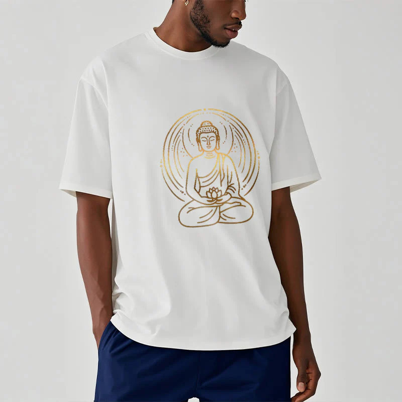 Buddha Stones Golden Meditation Buddha Halo Holding A Lotus Flower Tee T-shirt