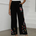 Buddha Stones Black Summer Plain Ethnic Embroidery Cotton Linen Drawstring Women's Pants With Pockets