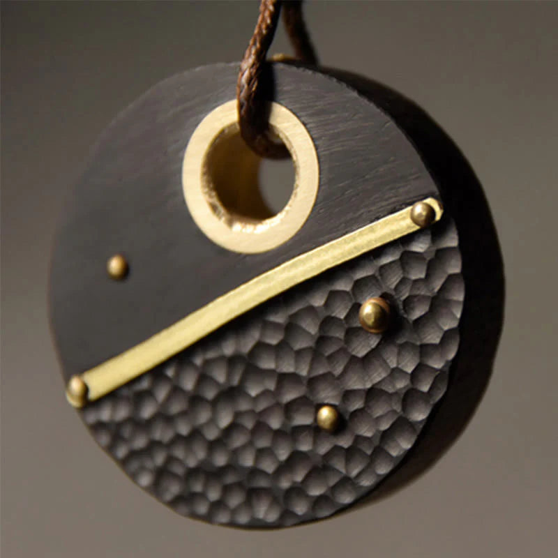 Buddha Stones Handcrafted Round Ebony Wood Brass Copper Peace Necklace Pendant