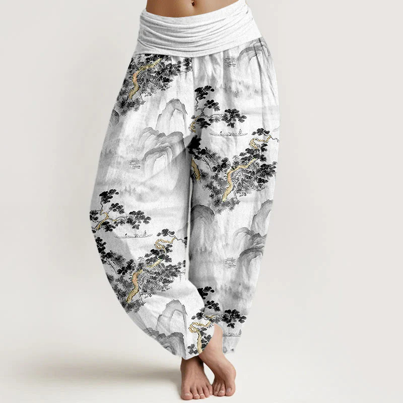 Buddha Stones Print Pine Trees Mountains Pattern Pure Cotton Women's Elastic Waist Harem Pants