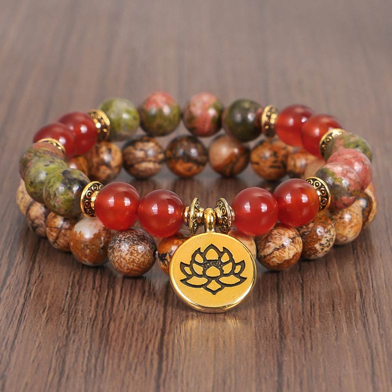 Buddha Stones Tibetan Picture Jasper Positive Lotus Bracelet Set (Extra 35% Off | USE CODE: FS35)