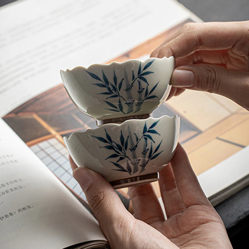 Buddha Stones Small Blue Bamboo Leaves Ceramic Teacup Kung Fu Tea Cup Bowl