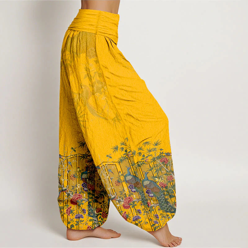 Buddha Stones Cotton Gorgeous Peacock Flower Pattern Women's Elastic Waist Harem Pants