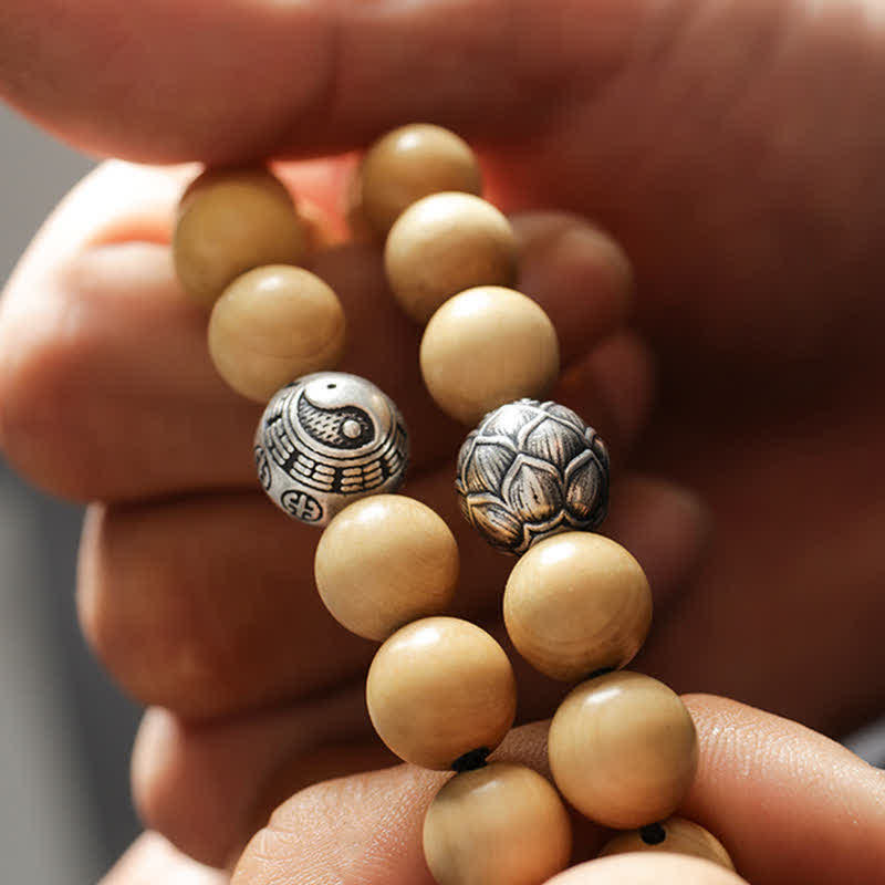Buddha Stones Tibet Peach Wood Lotus Cinnabar Bagua Yin Yang Luck Wealth Bracelet
