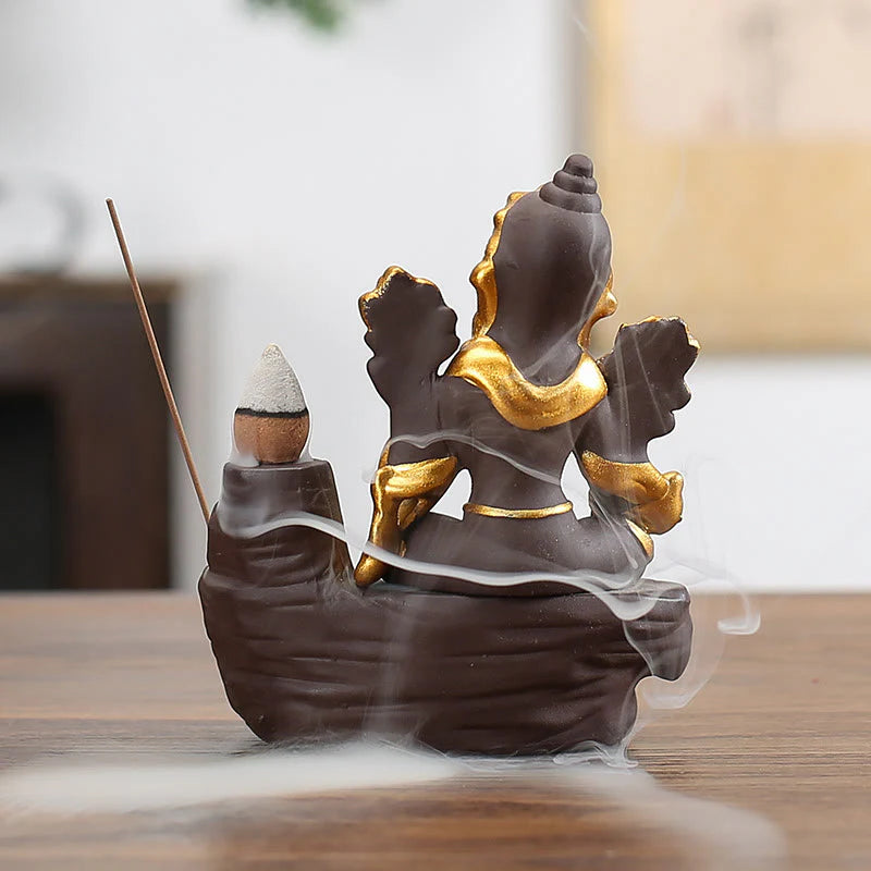Buddha Stones Ganesh Elephant Purple Clay Backflow Smoke Fountain Protection Stick Incense Burner