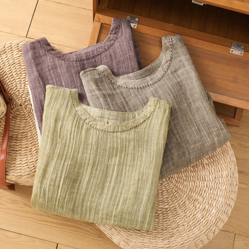 Buddha Stones Casual Summer Plain Crew Neck Women's  Cotton Linen Three Quarter Sleeve T-Shirt