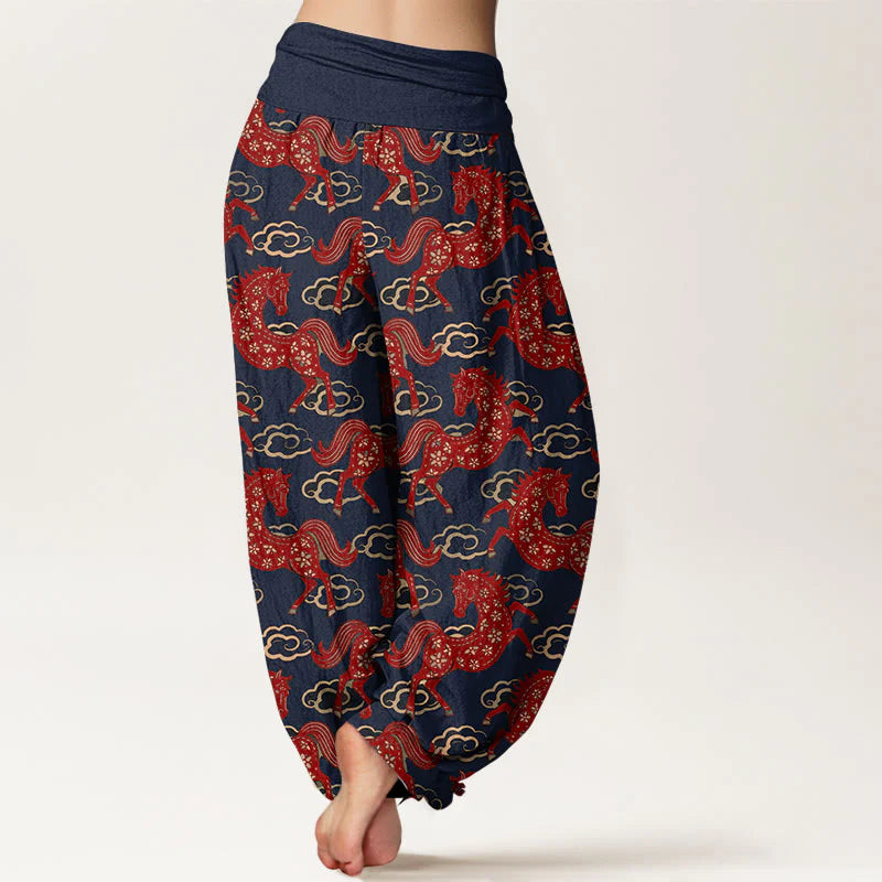 Buddha Stones Cotton Gorgeous Horse Cloud Pattern Women's Elastic Waist Harem Pants