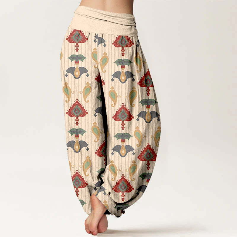 Buddha Stones Pure Cotton Triangle Flame Geometric Shapes Feather Women's Elastic Waist Harem Pants