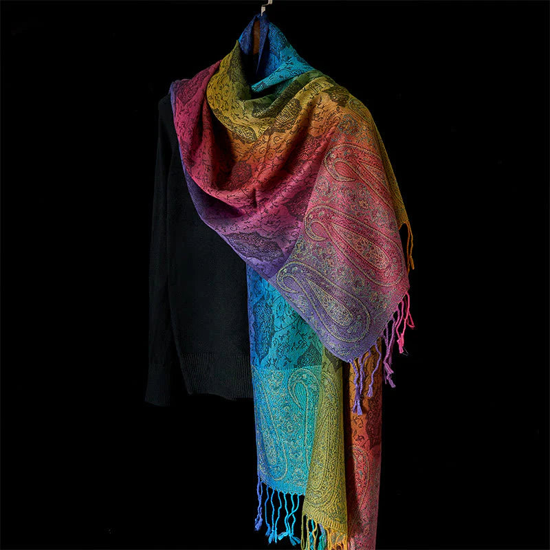 Buddha Stones Spring Colorful Gradient Cashew Flower Pattern Tassel Cozy Scarf Shawl